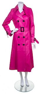 A Brioni Hot Pink Leather Double Breasted Trench Coat, Size 40/ US 6.