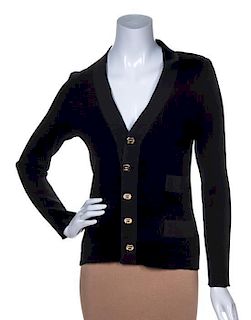 A Fendi Black Wool Cardigan with Ribbon Trim, Size M.