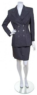 A Gianni Versace Grey Silk Double Breasted Pinstripe Skirt Suit, Size 40.
