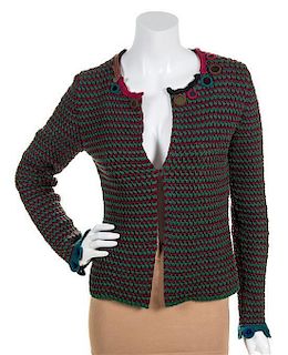 A Prada Red and Green Cotton Crocheted Cardigan, Size 40.