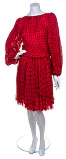 A Galanos Red Silk Polka Dot Dress,
