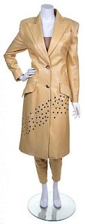 A Givenchy Butter Yellow Leather Coat Ensemble, Size 42.