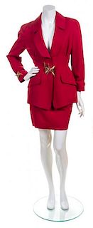 A Thierry Mugler Red Wool Skirt Suit, Size 38.