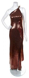 A Mira Copper Sequin Single Shoulder Column Gown, Size M.