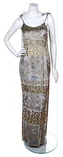 A Grey and Gold Cut Velvet Column Gown,