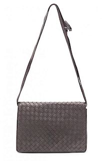 A Bottega Veneta Metallic Gray Intrecciato Flap Handbag, 9" x 6.5" x 1.5".