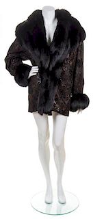 A Black Silk Embroidered and Fox Trim Jacket,