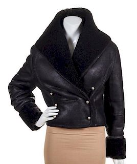 A Black Shearling Double Breasted Jacket, Size 8.