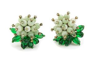 A Pair of Miriam Haskell Green Bead and Rhinestone Earclips,