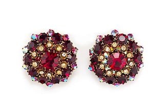 A Pair of Miriam Haskell Red Crystal and Rhinestone Earclips,