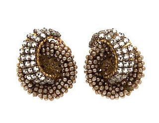 A Pair of Miriam Haskell Rhinestone and Faux Peal Earclips,