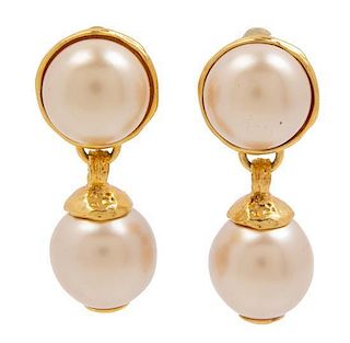 A Pair of Goldtone and Champagne Faux Pearl Drop Earclips, 2" x .75".