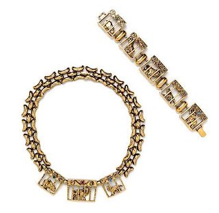 A Goldtone Animal Cage Choker and Bracelet, Necklace 18" x 1", bracelet 7.5" x 1".