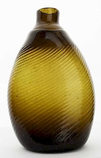 19th c pattern-molded Pitkin-type half pint flask, swirled to the right, dark olive green, open pontil, ht 5 1/4”, Dr Oliver