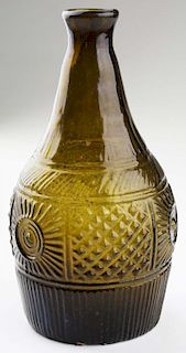 19th c blown three mold geometric decanter GIII-16, rayed type VIIA, Keene, NH, olive green, open pontil,  ht 7”, Dr Oliver E
