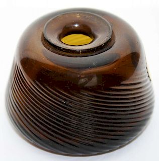 19th c  pattern-molded Pitkin-type inkwell, swirled to the left, cupped mouth, amber, open pontil, dia 2 1/4”, ht 1 1/2”, Dr