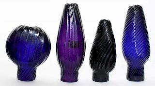 19th c blown perfume bottles, 1 amethyst & 3 cobalt blue, swirled,open pontil,  ht 2”- 3 1/4”, all Dr Oliver Eastman collecti