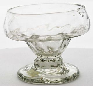 Late 18th c pattern molded Stiegel type expanded diamond pattern master salt, clear glass, open pontil, ht 2 1/2”, dia 3”, Dr