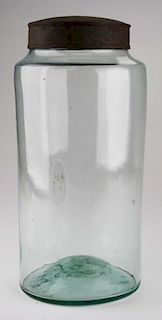 19th c free blown jar, purported to be Burlington or Lake Dunmore, VT, aquamarine glass, open pontil, ht 11 1/2”, dia 5 1/2”,