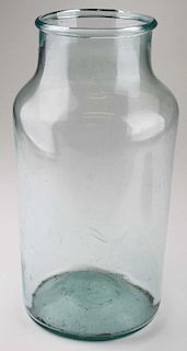 19th c free blown jar w/ folded rim, purported to be Burlington or Lake Dunmore, VT, aquamarine glass, open pontil, ht 11”, d