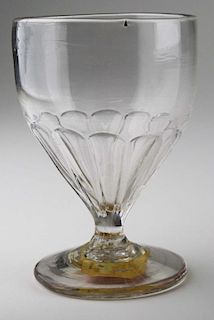 19th c pattern molded footed goblet, clear glass, w/ old granny note “one of set bought by great great grandmother of Sally P
