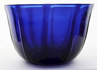 19th c pattern molded open sugar bowl, deep cobalt blue glass, open pontil, dia 4 5/8”, ht 2 7/8”, Dr Oliver Eastman collecti