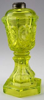 late 19th c pattern molded fluid lamp, canary sweetheart pattern, mold seam through wafer, no pontil mark, ht 9.5”, undamaged