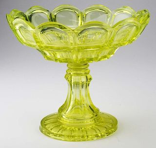 19th c pattern molded footed compote, canary flint glass, wafer joined stem, open pontil, dia 8.5”, ht 7 1/4”