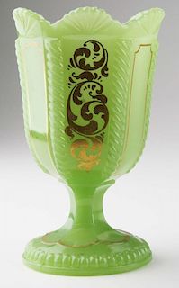 19th c pattern molded spooner, dark jade colored cable pattern, gold decoration, Boston & Sandwich Glass co, ht 5.75”, Dr Oli