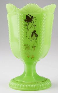 19th c pattern molded spooner, light jade colored cable pattern, gold decoration, Boston & Sandwich Glass Co, ht 5.75”, Dr Ol