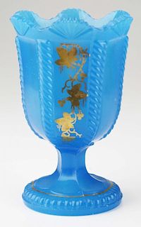 19th c pattern molded spooner, medium opaque blue colored cable pattern, gold decoration, Boston & sandwich Glass co, ht 5.75