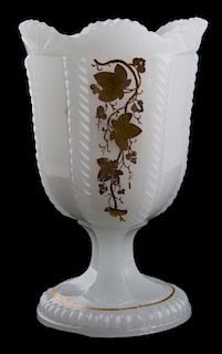 19th c pattern molded spooner, clambroth colored cable pattern, gold decoration, Boston & Sandwich Glass Co, ht 5.75”, Dr Oli
