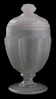 19th c pattern molded egg cup w/ lid, frothy acid finish clambroth colored cable pattern, Boston & Sandwich Glass Co, ht 3 3/