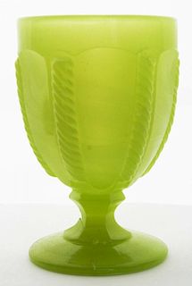 19th c pattern molded egg cup, light yellow green cable pattern, partially acid washed exterior, Boston & Sandwich Glass Co,