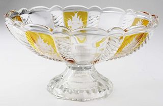 19th c pattern molded footed compote, wheel etched yellow panel cable pattern, Boston & Sandwich Glass Co, Dr Oliver Eastman