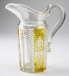 19th c pattern molded cream pitcher with applied handle, wheel etched yellow panel cable pattern, ht 6 1/4”, Dr Oliver Eastma