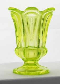 19th c pattern molded footed vase, bright canary glass, ht 3.5”, Dr Oliver Eastman collection, undamaged