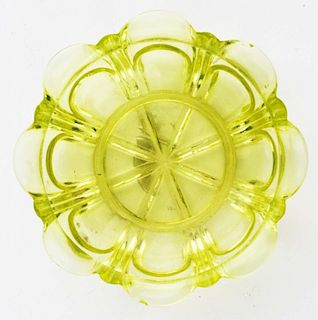 19th c pattern molded low dish, yellow flint glass, dia 4 1/4”, Dr Oliver Eastman collection, undamaged