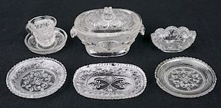 eight 19th c miniature toy lacy pressed glass tableware pcs, Boston & Sandwich Glass Co, lengths 1” to 3”, Dr Oliver Eastman