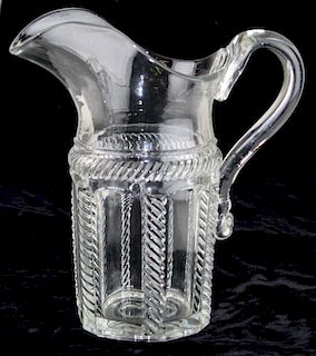 19th c pattern molded pitcher with applied handle, clear cable pattern pressed flint glass, Boston & Sandwich Glass Co, ht 9