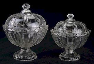 two 19th c pattern molded footed compotes w/ lids, clear cable pattern pressed flint glass, Boston & Sandwich Glass Co, ht 9.