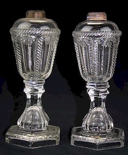 pr of 19th c pattern molded fluid lamps, clear cable pattern pressed flint glass, Boston & Sandwich Glass Co, ht 8.75”, Dr Ol