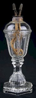 19th c pattern molded fluid lamp, clear cable pattern pressed flint glass, Boston & Sandwich Glass Co, ht 10.5” w/ camphene b