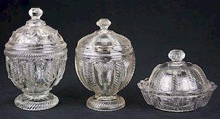 19th c pattern molded covered sugar bowls & covered butter dish, clear cable pattern & cable & loop pattern pressed flint gla