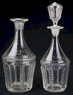 two 19th c pattern molded decanters and one stopper (fits either), clear cable pattern pressed flint glass, Boston & Sandwich