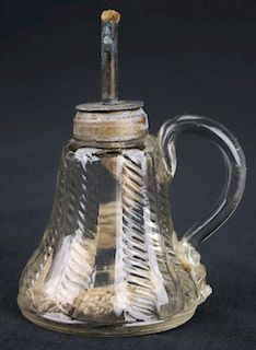 19th c pattern molded sparking lamp with burner, clear cable pattern pressed flint glass, Boston & Sandwich Glass Co, overall