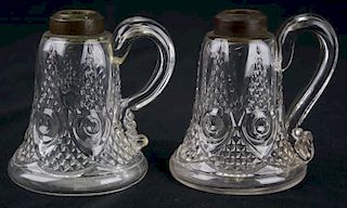 pr of 19th c pattern molded finger lamps w/ applied handles, ht 4.5”, Dr Oliver Eastman collection, undamaged