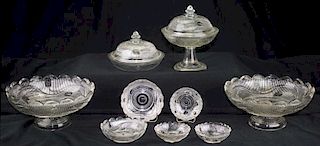 eight pieces of 19th c pattern molded table ware, clear ribbed acorn pattern pressed flint glass, Boston & Sandwich Glass Co,
