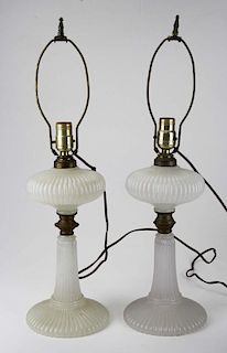 pr of ribbed clambroth oil lamps with brass rings, ht 13.5”, Dr Oliver Eastman collection, one top separated from base