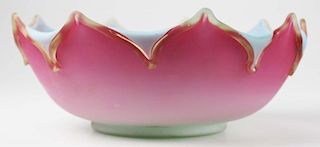 late 19th c triple cased peachblow glass centerpiece bowl with light blue interior & unusual applied amber thread decoration,